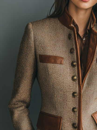 Women's Vintage Herringbone Tweed Leather-Trim Button-Front Jacket - Image 2