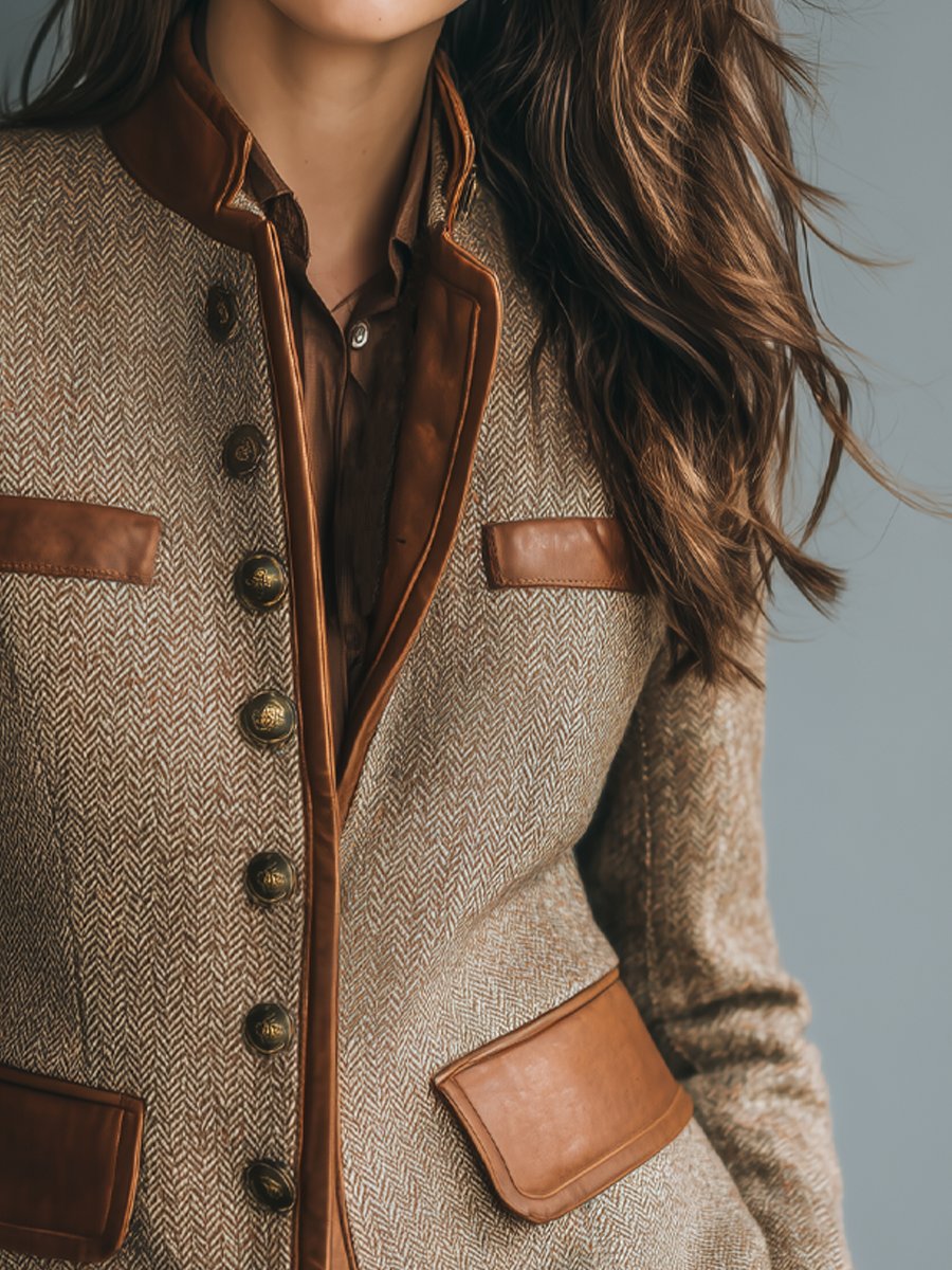 Women's Vintage Herringbone Tweed Leather-Trim Button-Front Jacket - Image 3