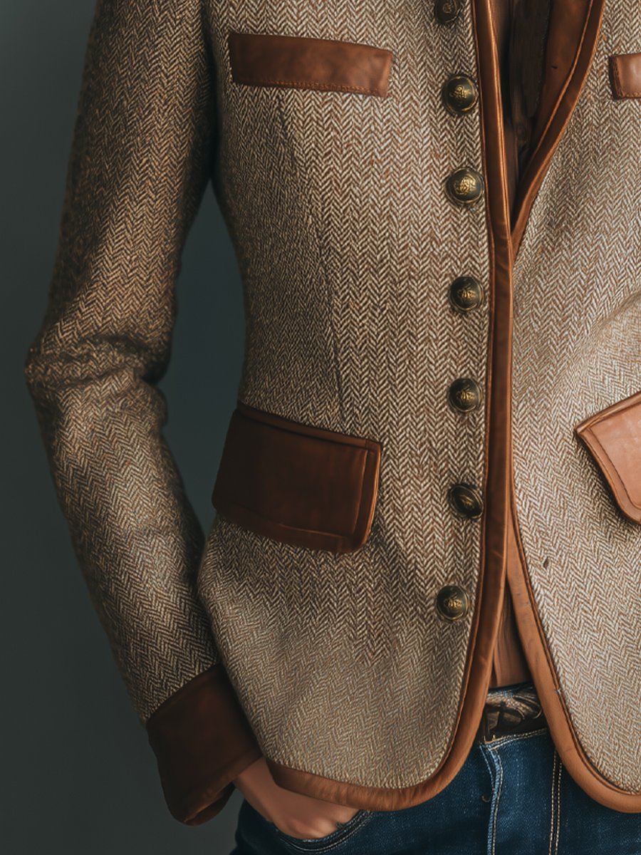 Women's Vintage Herringbone Tweed Leather-Trim Button-Front Jacket - Image 4